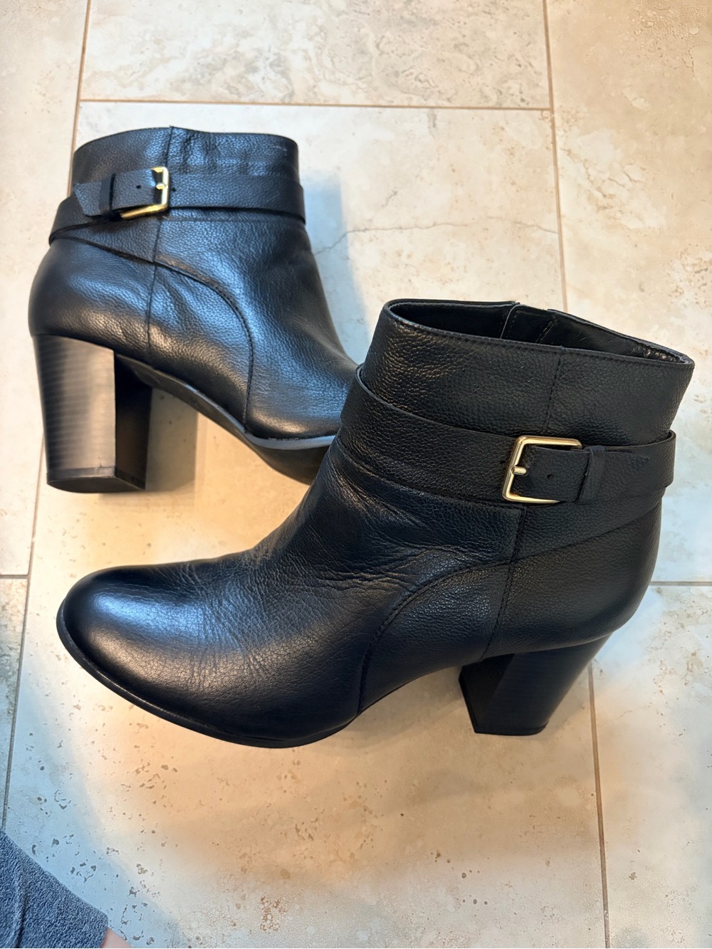 Cole Haan Black Leather Ankle Booties with Gold Buckle